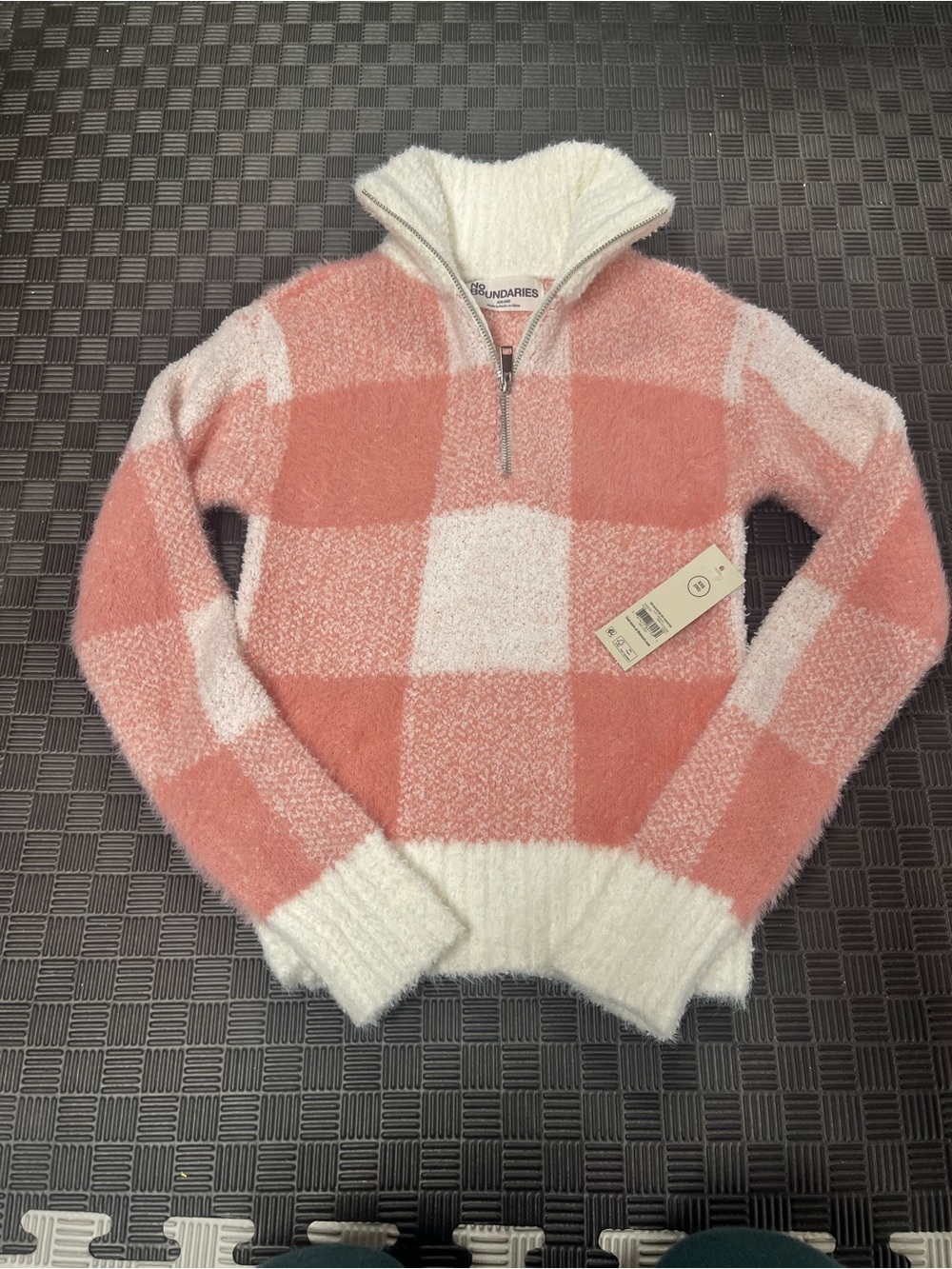 No Boundaries Pink & White Plaid Half-Zip Fuzzy Sweater